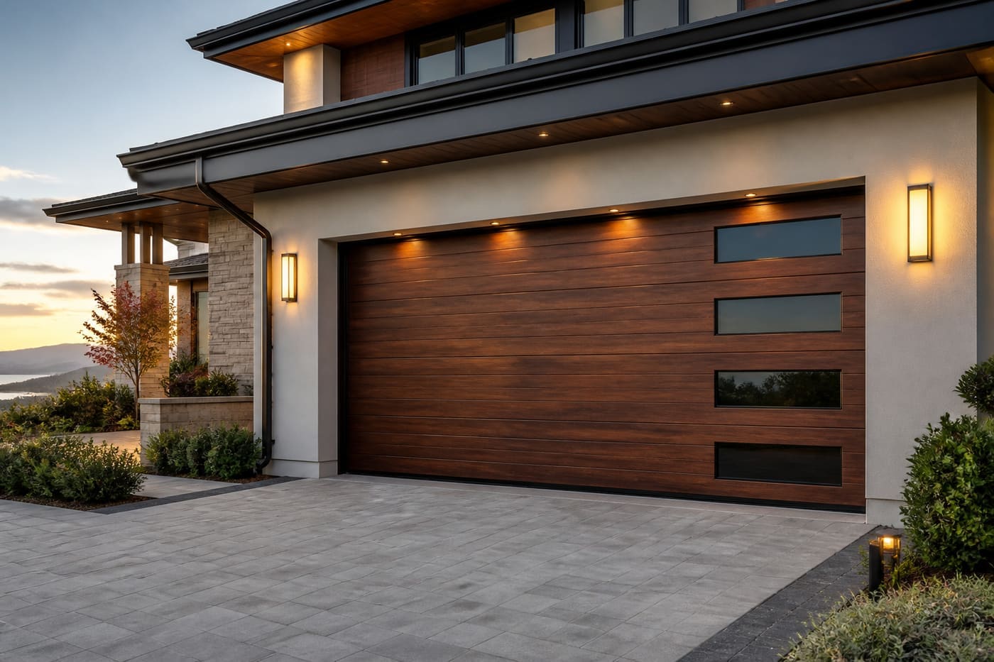 Dekoratif seksiyonel garaj kapısı — villa garajında woodgrain panel